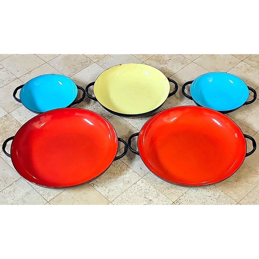 70's Enamel Cast Iron Round Casserole Set 5pc Double Handle